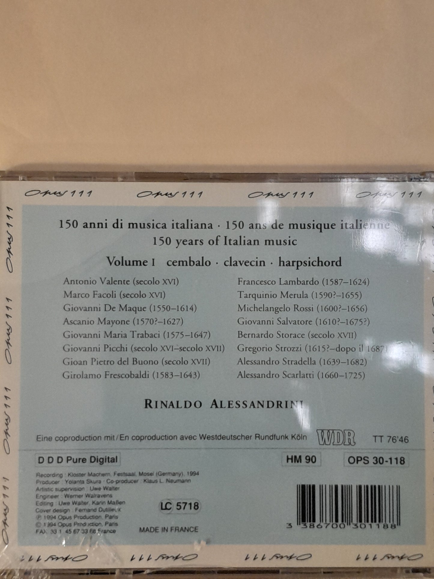 CD 150 ans de musique italienne volume 1 clavecin direction Rinaldo Alessandrini