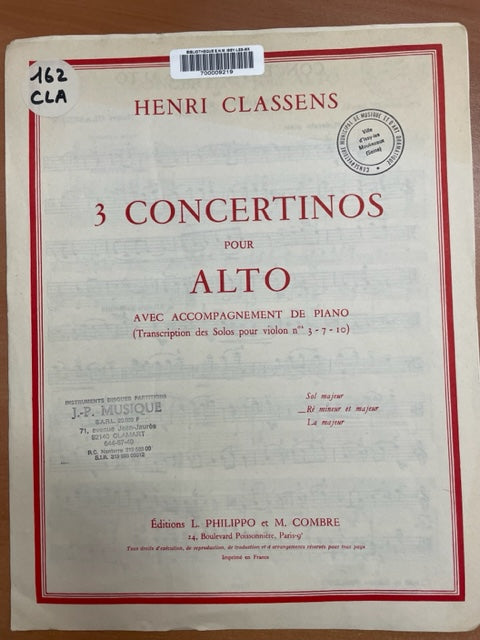 Classens Concertino n° 2 ré majeur et mineur pour Alto réduction piano