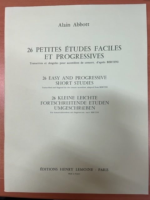 Alain Abbott 26 petites études faciles et progressives pour accordéon