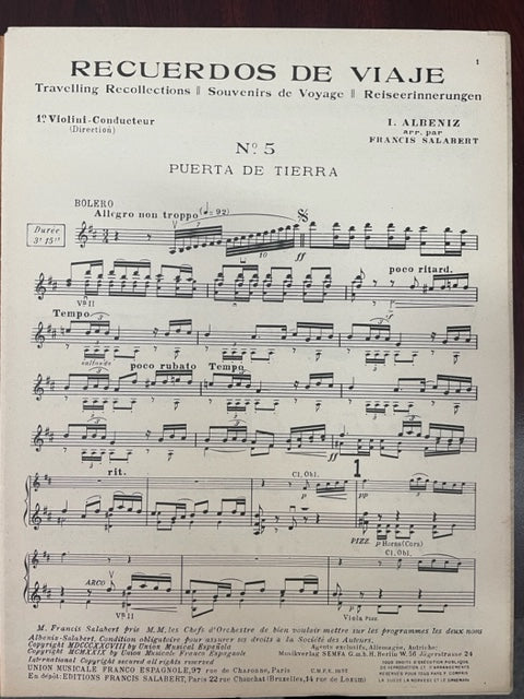 Isaac Albeniz Recuerdos de viaje n° 5: Puerta de Tierra (Bolero) conducteur et parties