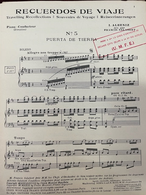 Isaac Albeniz Recuerdos de viaje n° 5: Puerta de Tierra (Bolero) conducteur et parties