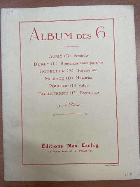 Album des Six partition piano : Auric - Durey - Honegger - Poulenc - Tailleferre