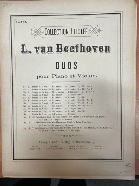 Beethoven 7 variations pour violoncelle ou violon et piano