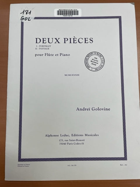 Andreï Golovine Deux Pièces partition pour flute et piano