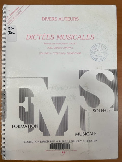 Jean-Clément Jollet Dictées Musicales Volume 3 - Livre de l'élève avec CD