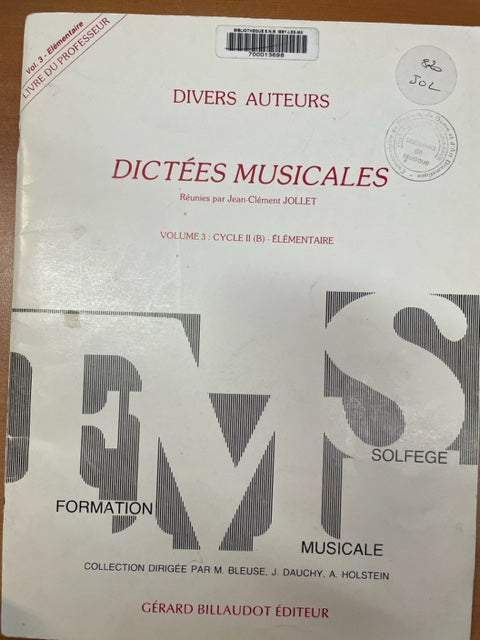 Jean-Clément Jollet Dictées Musicales Volume 3 - Livre du professeur