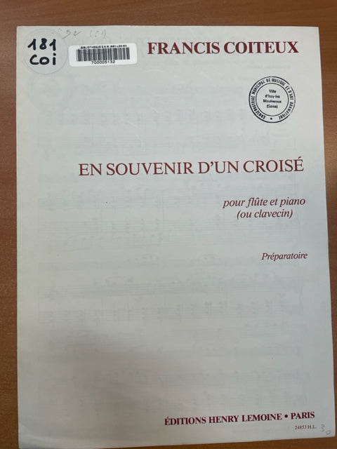 Francis Coiteux En souvenir d'un croisé partition pour flute et piano