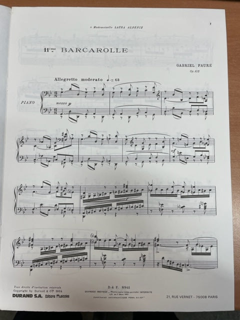 Fauré Gabriel 11e barcarolle partition piano