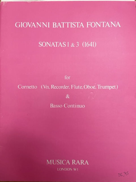 Fontana Giovanni Battista Sonates 1 et 3 pour cornet et basse continue