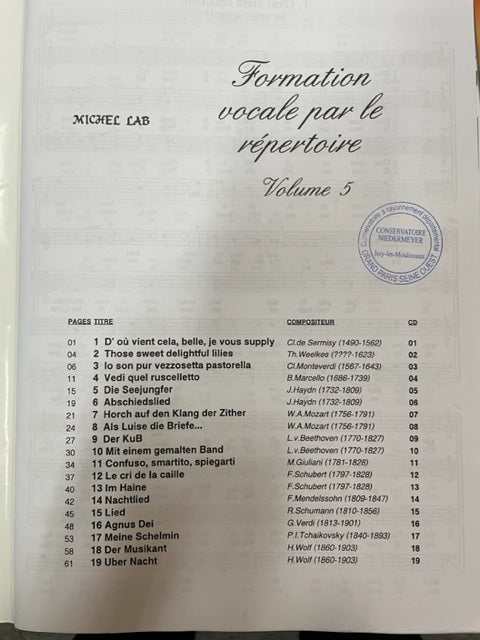 Formation Vocale par le Répertoire Volume 5 Michel Lab partition avec CD