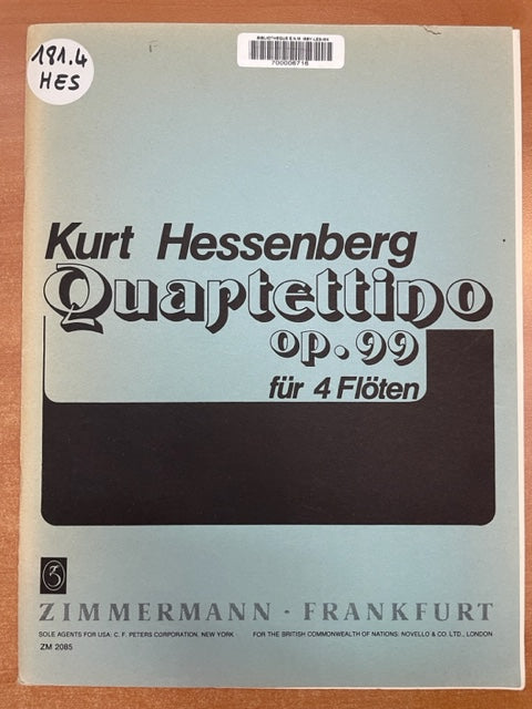 Kurt Hessenberg Quartettino op. 99 Partition pour 4 flutes et piano