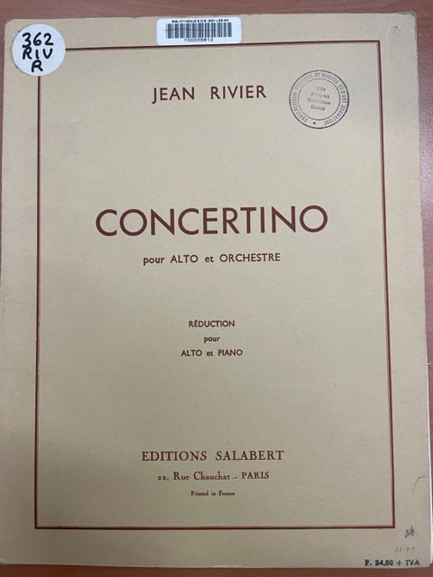 Jean Rivier Concertino pour alto et orchestre, réduction piano