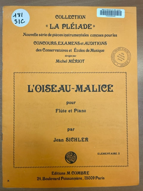 Jean Sichler L'oiseau malice partition pour flute et piano