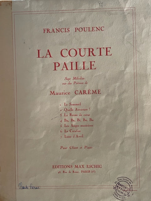 Francis Poulenc La courte paille partition pour voix et piano