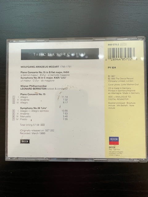 CD Leonard Bernstein, piano et direction Mozart Piano Concerto n°15 - Symphony n° 36