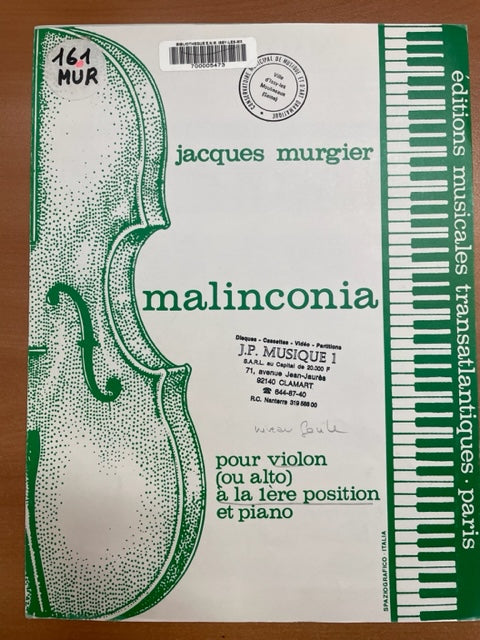 Jacques Murgier Malinconia partition pour violon ou alto à la 1ère position et piano