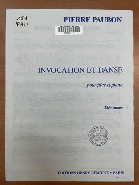 Pierre Paubon	Invocation et danse partition pour flute et piano