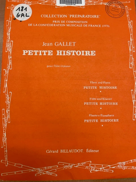 Jean Gallet Petite histoire partition pour flute et piano