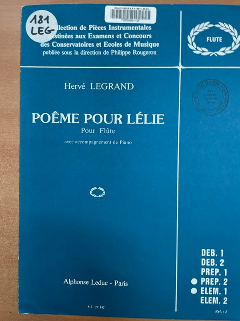 Hervé Legrand Poème pour Lélie partition pour flute et piano