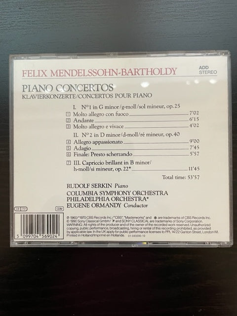 CD Rudolf Serkin, Eugène Ormandy Mendelssohn Piano concertos n° 1 et 2