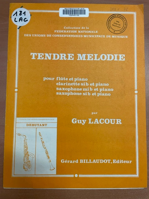 Guy	Lacour Tendre mélodie partition pour flute et piano