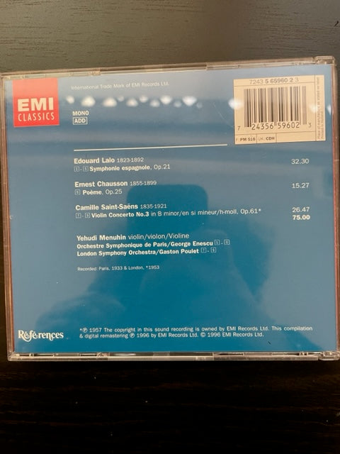 CD Yehudi Menuhin au violon Lalo Symphonie espagnole - Poème de Chausson - Saint-Saens concerto n°3 pour Violon